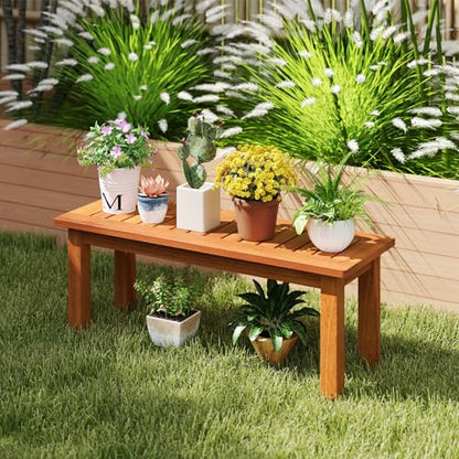 Tangkula Wooden Plant Stand, Outdoor Indoor Solid Wood Flower Pot Holder Display Shelf with Teak Oil Finish, Slatted Top, Rustic Plant Rack for Patio Garden Entryway Porch - size: 34" x 12" x 13"