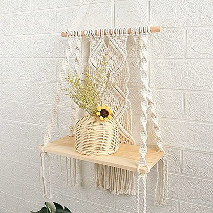 Mong Handmade Macrame Wall Hanging Shelf, Boho Indoor Rope Plant Pot Basket Hanger Holder, Rope Plant Hanger for Wall Decor Indoor Outdoor