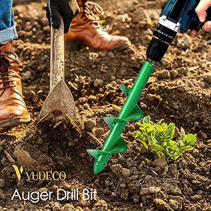VUDECO Garden Auger Drill Bit for Cordless Drill - 2 PCS, Bulb Planter Tool, Spiral Drill Bit, Earth Planting Auger - Green