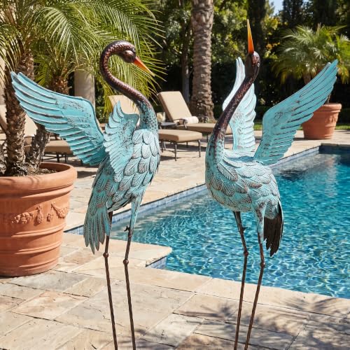 47.5" Blue Heron Statues, Extra-Large Sandhill Crane Decor Set of 2 - color: 47.5" Distressed Patina Green