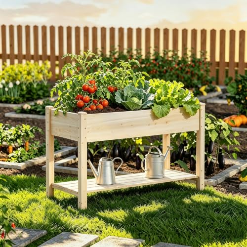 48x24x30.7in Wood Raised Garden Bed with Legs Wooden Planter Box with Storage Shelf Elevated Wood Planter Box for Vegetables Flowers Herbs Garden Planter for Backyard Patio Balcony (Natural, Medium) - color: Natural, size: Medium