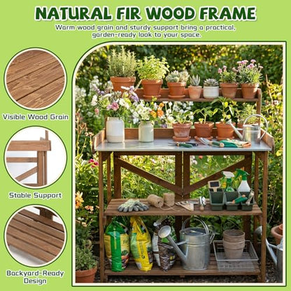 Ketive Wooden Outdoor Potting Bench with Metal Tabletop