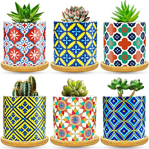 6 Pack Succulent Pots with Drainage Hole, 3 inch Ceramic Succulent Planter with Bamboo Tray, Bright Color Succulent Plant Pots for Cacti Succulent Soil Potting Mix Indoor/Outdoor - color: C Style