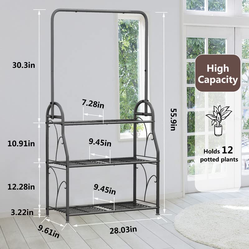 SORCEDAS Plant Stand Outdoor Indoor 3 Tier Metal with Hanging - size: 3 Tier With Hanging-Dark Grey