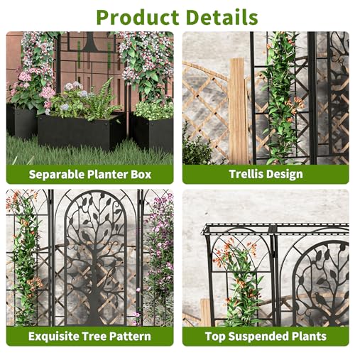 Metal Planter Box with Trellis, Outdoor Raised Garden Bed, Black - color: Black