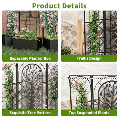 Metal Planter Box with Trellis, Outdoor Raised Garden Bed, Black - color: Black