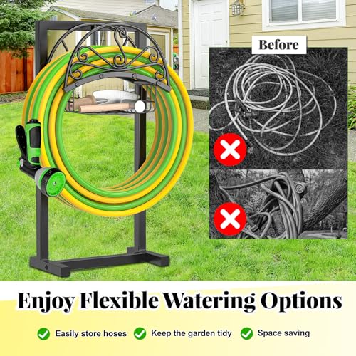 Garden Hose holder, 4-Spike Heavy Metal with Storage Basket, Swirl - style: Floral with Storage Basket