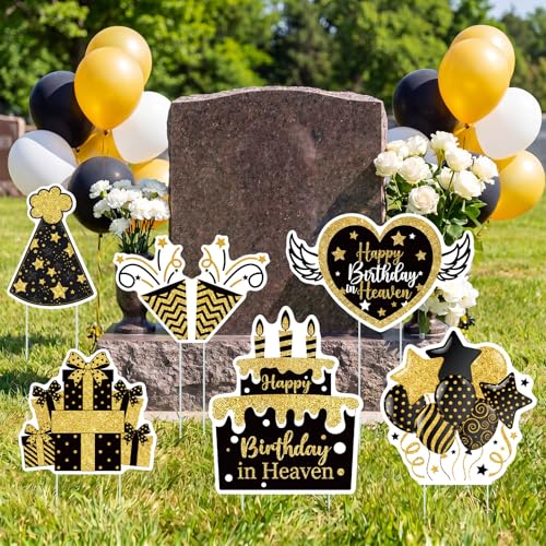 Sieral 6 Pcs Black Gold Happy Birthday in Heaven Decor Funeral Grave Sign - style: Black Gold