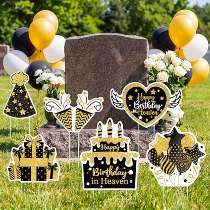 Sieral 6 Pcs Black Gold Happy Birthday in Heaven Decor Funeral Grave Sign - style: Black Gold