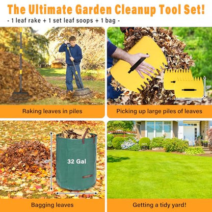 Rake for Leaves - 25 Tines Heavy Duty Metal Rake Set with Leaf Scoops & Collector Bag, Adjustable Rakes for Lawns, 3-in-1 Leaf Collection Tool for Efficient Yard Pine Needle Grass Cleanup 5FT