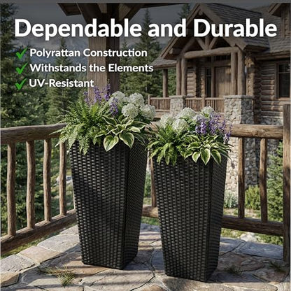 Sunnydaze 24" Square Tall Wicker Outdoor Planter, Black, 2pk - color: Black, size: 24 in