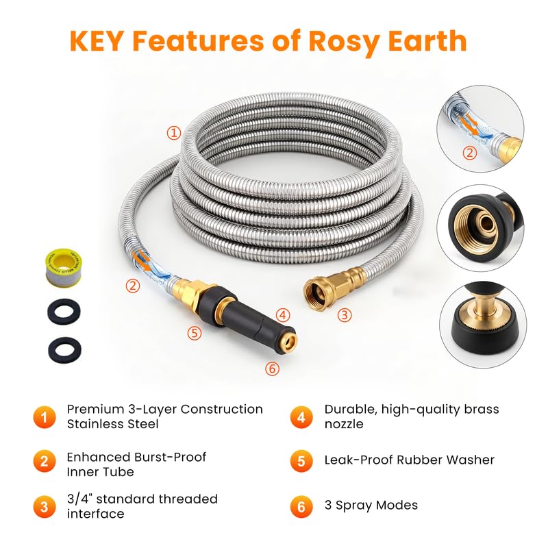Rosy Earth Metal Garden Hose 25 FT - 304 Stainless Steel Water Hose - size: 25FT