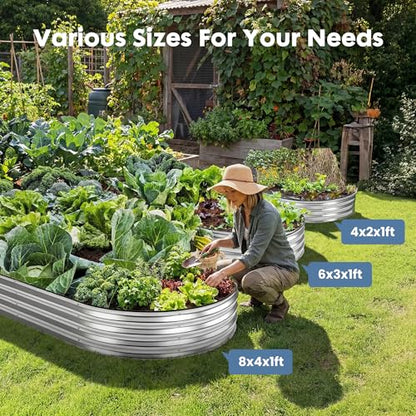 DUMOS Galvanized Raised Garden Bed, Outdoor Planter Box, 8x4x1ft - color: Silver (Oval), size: 8×4×1ft