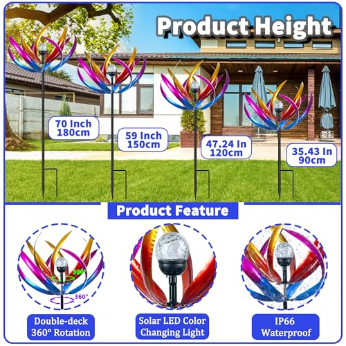 70 in Large Wind Spinners Outdoor, Solar Wind Sculpture, Purple - color: Purple and Blue