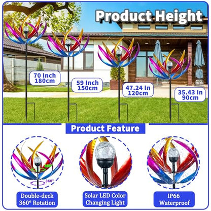 70 in Large Wind Spinners Outdoor, Solar Wind Sculpture, Purple - color: Purple and Blue
