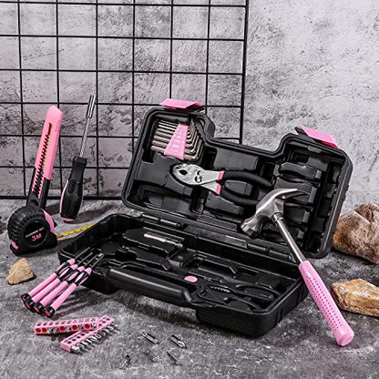 RVOGJP 39-Piece All Purpose Pink Household Tool Kit for Women - Small Tool Set with Toolbox, Great for Home, Garage, Office & College Dorm Use - color: Pink