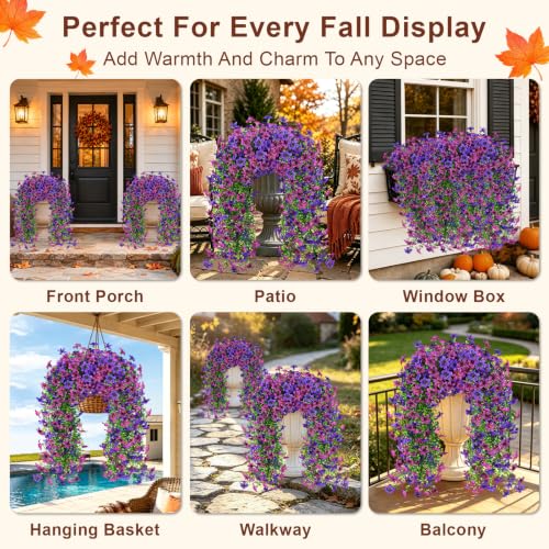 Artificial Hanging Flowers for Outdoors, 2 PCS 344-Bloom UV Resistant Mums - color: Double Purple