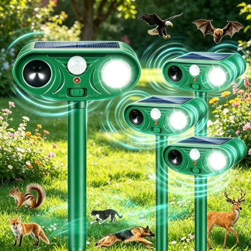 4 PCS Sonic Fortress Pro Deer Repellent Device Outdoor,Solar Animal Repeller for Garden Squirrel Fortress Pro with PIR Sensor & Flashing Light for Rabbit Fox Raccoon Cats Repellent Outdoor