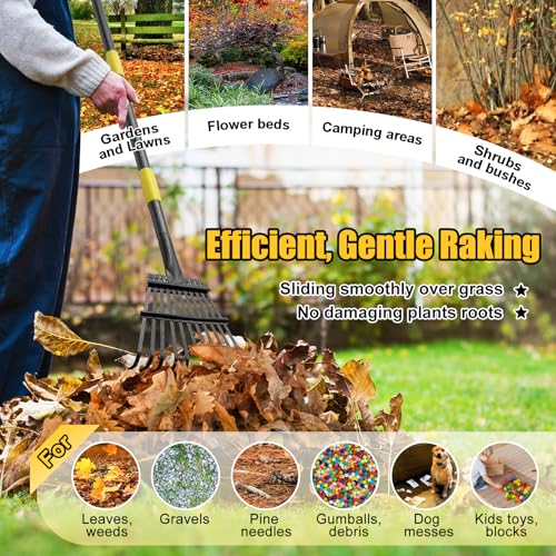 Leaf Rake: 8.5" Wide Heavy Duty Small Metal Garden Rake for Lawn Yard Garden Bed Leaves Debris Shrub Pine Needles Cleanup, 11 Metal Tines, Lightweight Kids Leaf Rakes, 72” Long Handle - style: 11 tines-6ft