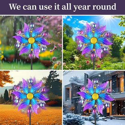 Violet Metal Wind Spinner Outdoor, Kinetic Yard Art with Stake