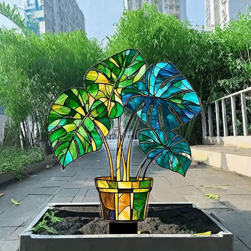 Stained Glass Monstera Plant Acrylic Garden Stake, Indoor and Outdoor Garden Acrylic Decoration, Idea Gift for Flower Potted Ornament and Landscape Beautification, Suitable for Courtyards and Lawn