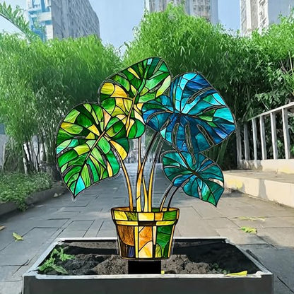Stained Glass Monstera Plant Acrylic Garden Stake, Indoor and Outdoor Garden Acrylic Decoration, Idea Gift for Flower Potted Ornament and Landscape Beautification, Suitable for Courtyards and Lawn