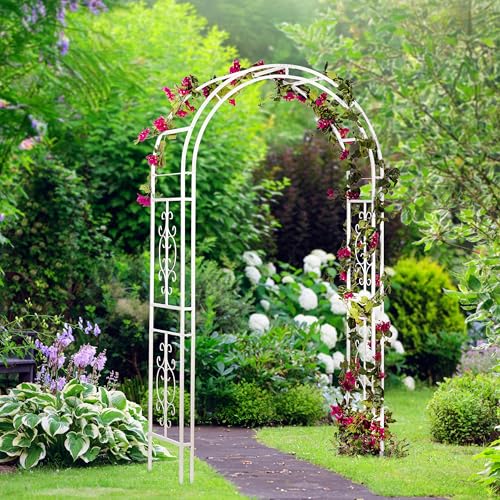 Plow & Hearth Arch Metal Outdoor Garden Arbor Montebello White, 7 Feet Tall, Iron Trellis Lattice for Climbing Plants, Wedding Arch, Outdoor Patio Décor - color: Montebello-White