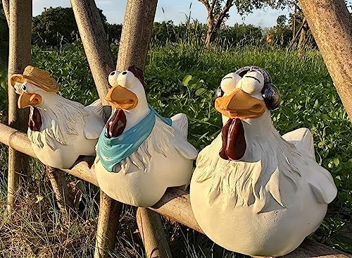 Chicken Fence Decor, Set of 3 Hand-Painted Resin Statues - color: Blue Multi