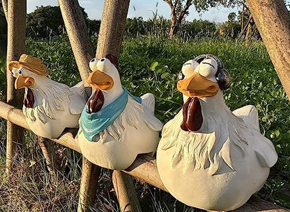 Chicken Fence Decor, Set of 3 Hand-Painted Resin Statues - color: Blue Multi