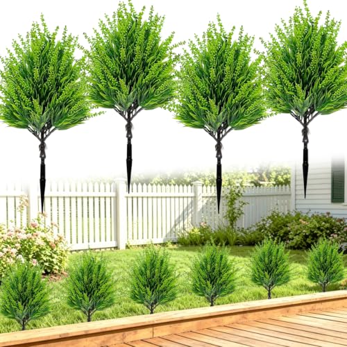 THKFUL 4 Pack Artificial Cedar Topiary Trees Outdoor with Spike, UV Resistant Faux Evergreen Shrubs, 16.5" Fake Bushes & Greenery Plants for Front Door Planters, Window Box & Porch Garden Decor - color: Green Lavender