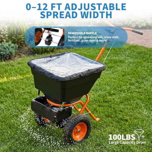 Push Broadcast Spreader, 100lb Large Capacity, 12ft Broadcast Width - color: Orange+100LBS