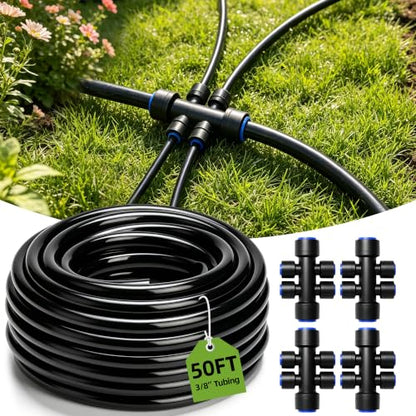50FT 3/8" Drip Irrigation Tubing Kit with 4 Six-Way Splitter Connectors - size: 50FT 3/8" Main Hose