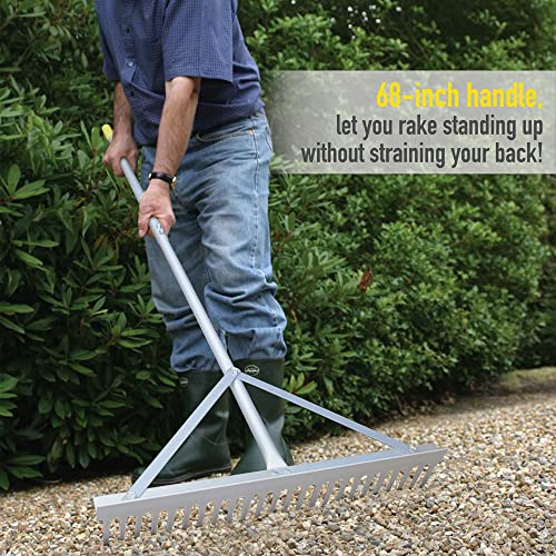 Colwelt Landscape Rake - 24Tines, Aluminum Head with 68" Handle, 24" Width for Beach & Lawn Care