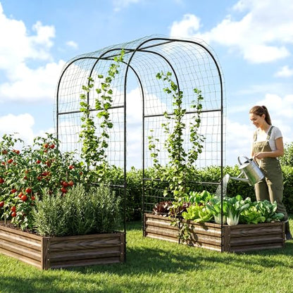 3 in 1 Galvanized Raised Garden Bed with 87" H Arch Trellis - color: Wood Grain, size: 71" Lx 35.4" Wx 12"H