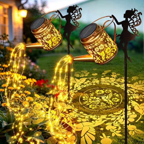 2 Pack Solar Fairy Watering Can Lights, Waterproof Solar Hanging Lantern