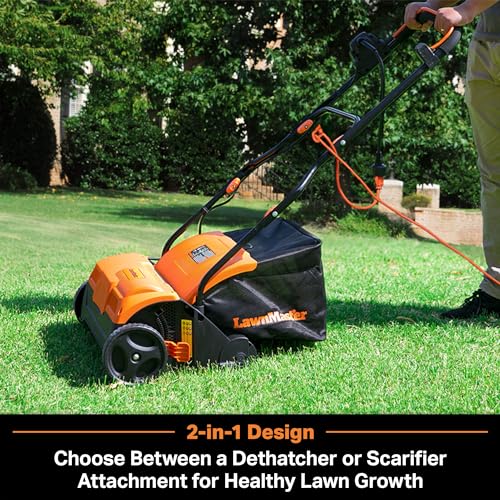 LawnMaster GVB1316 Electric 16” 13 Amp Dethatcher and Scarifier with 12 Gallon Collection Bag - color: 16-Inch-Orange/Black