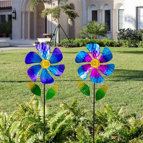 Viveta 2 Pack Garden Wind Spinners, Flower Metal Windmill - color: Blue and Pink