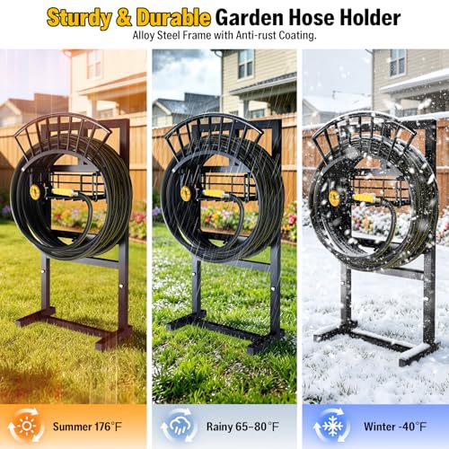 Garden Hose Holder with Brass Faucet, 45ft Rubber Hose, 5ft Leader Hose