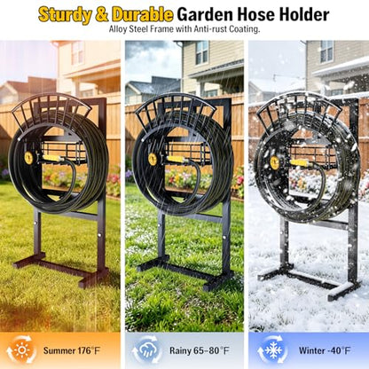 Garden Hose Holder with Brass Faucet, 45ft Rubber Hose, 5ft Leader Hose