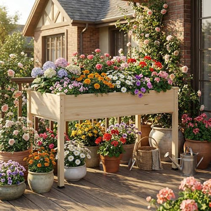 Raised Garden Bed with Legs, 48x24x30in Tall Wooden Elevated Planter Box with Liner for Flowers Vegetables Herbs, Outdoor Reinforced Large Raised Bed for Balcony/Patio/Backyard - size: 48x24x30in