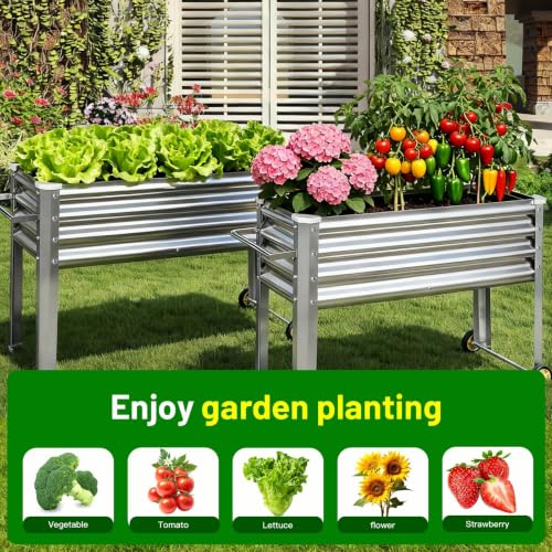 Land Guard 2 Pack Galvanized Raised Garden Bed with Legs & Wheels, 48×18×32in Metal Elevated Raised Planter Box for Backyard, Patio, Balcony, 500lb Capacity, Silver - color: Silver, size: 48×18×32in (2-Pack)