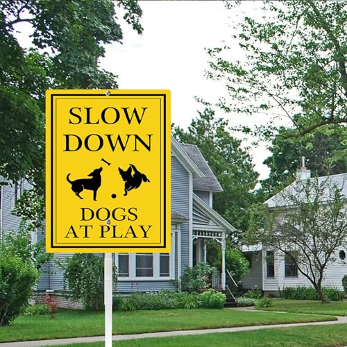 Slow Down Dogs at Play Yard Sign with Stake Dog Pets Crossing Safety Signs Rustproof Reflective Aluminum Caution Drive Slowly Watch for Dogs Sign for Street Neighborhoods - color: B11