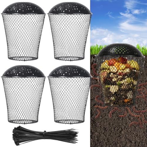 4 Pack Large Inground Worm Composter with Grid Lids, Metal Worm Farm Compost Bin Outdoor for Recycling Kitchen Food, Worm Compost Bin for Garden, Vegetable Patch, Backyard, Greenhouse