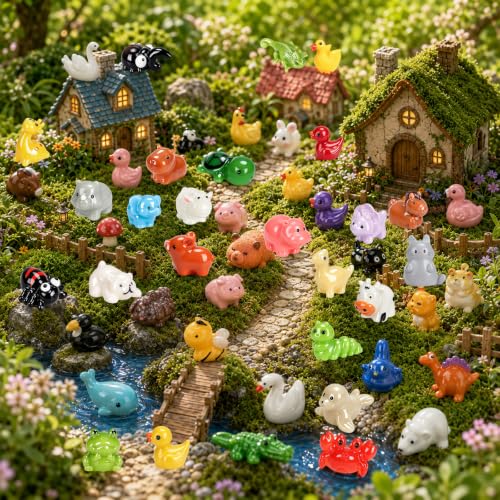 70 Pcs Mini Resin Animals and Ducks Bulk, 70 Different Tiny Animal Figurines to Hide, Miniature Resin Animal Figures for Fairy Garden, Dollhouse Decor, Crafts, Party Favors, Sensory Bin Toys