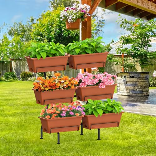Vertical Garden Planter 3 Tier Vertical Raised Garden Bed Standing Garden Planters with 6 Container Boxes Elevated Garden Planters Indoor Outdoor Herb Planter for Flowers Vegetables Plants, Brick Red - color: Brick Red
