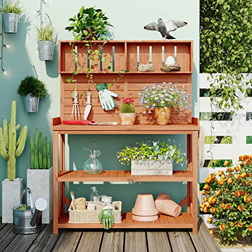 KUIKUI Potting Table, Outdoor Potting Bench with 4 Storage Shelves and Side Hook, Gardening Tables for Outdoors, 46.9x19.3x65inch, Natural - color: Natural