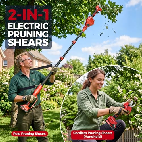 2-in-1 Electric Pruning Shears Cordless with Pole, 2.1" Cutting Diameter Pole Pruning Shears, Brushless Motor, Extra Blade, 2 * 2Ah Batteries, 2 Modes Adjustable Pruning Shears for Tree Flower - size: 2.1"