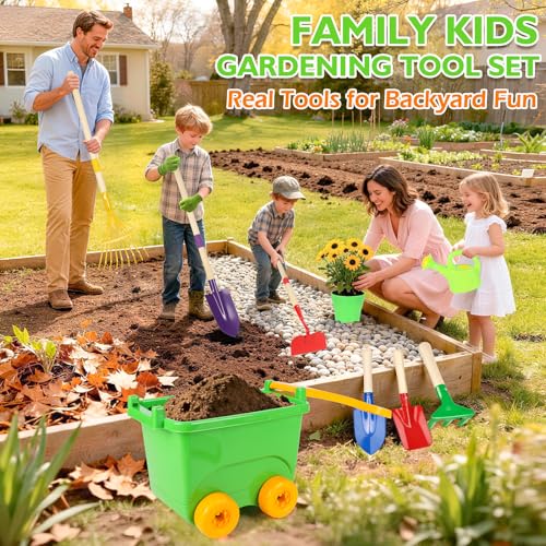 FHOZGECY Kids Gardening Set with Wheelbarrow and Metal Tools for Ages 3-8