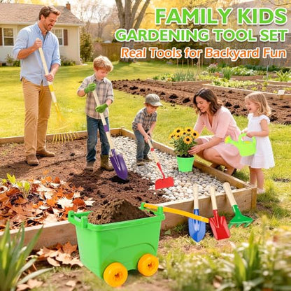 FHOZGECY Kids Gardening Set with Wheelbarrow and Metal Tools for Ages 3-8