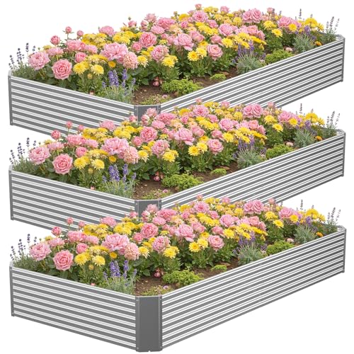 3 Pcs 8 x 4 FT Galvanized Steel Raised Garden Bed – Spacious Outdoor Metal Planter for Vegetables & Flowers, Easy Assembly for Backyards and Terraces